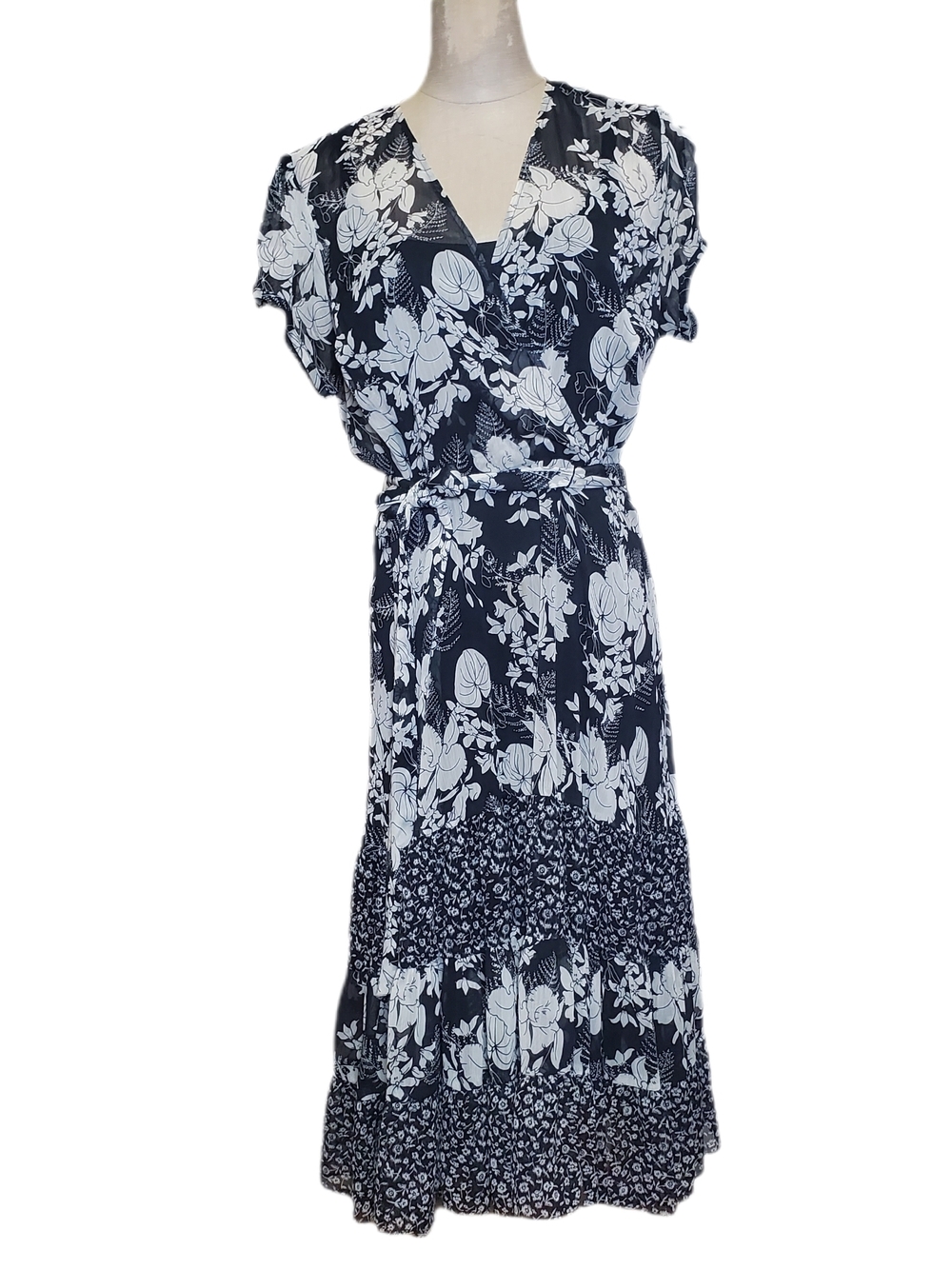 MSKaxi Floral Black and Cream Wrap Dress Sz 8